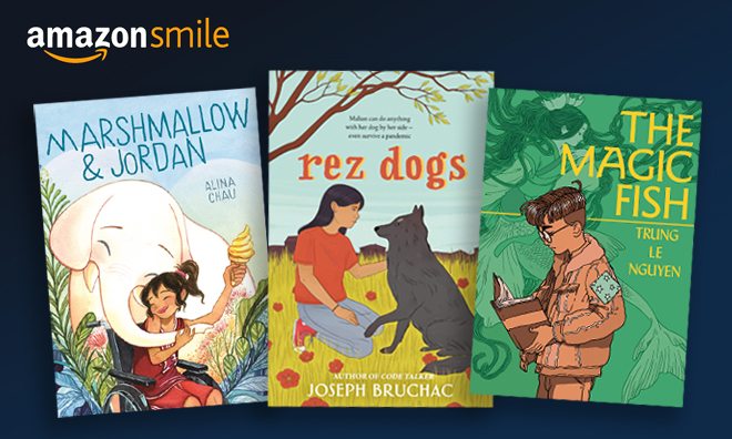Three books displayed with an Amazon Smile logo. The books are, from left to right, Marshmallow & Jordan, rez dogs, and The Magic Fish.