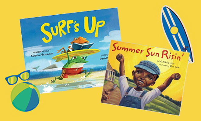 Two books (Surf's Up and Summer Sun Risin') are displayed on a yellow background. There are sunglasses and a beach ball to the left, and a surfboard in the upper right corner.