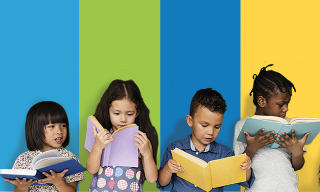 Four children standing, each holding and reading a book. The background is striped from left to right with light blue, green, dark blue, and yellow.