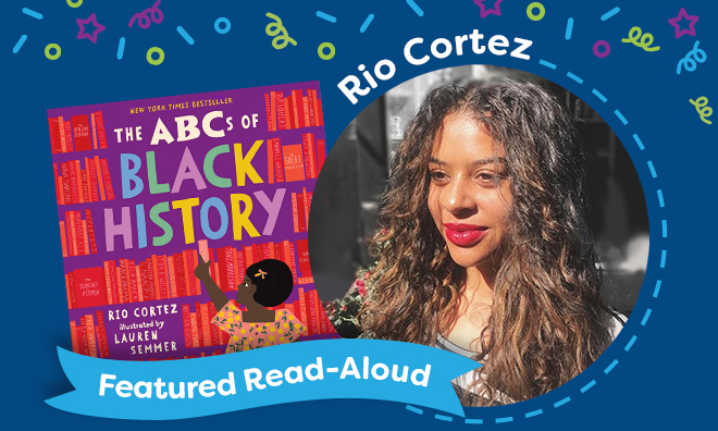 The author Rio Cortez is shown with her book, the ABCs of Black History. 