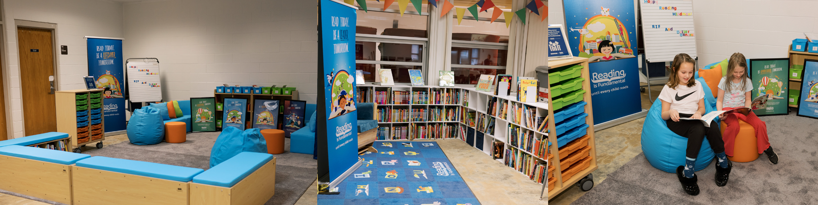 A set of three images. From left to right, they show a library reading center, a set of bookshelves around a custom rug, and a pair of girls reading in the newly created reading center.