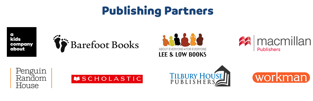 Logos of RIF's publishing partners, including A Kids Company About, Penguin Randomhouse, Scholastic, Barefoot Books, Lee & Low Books, Tilbury House Publishers, Macmillan Publishers, and Workman
