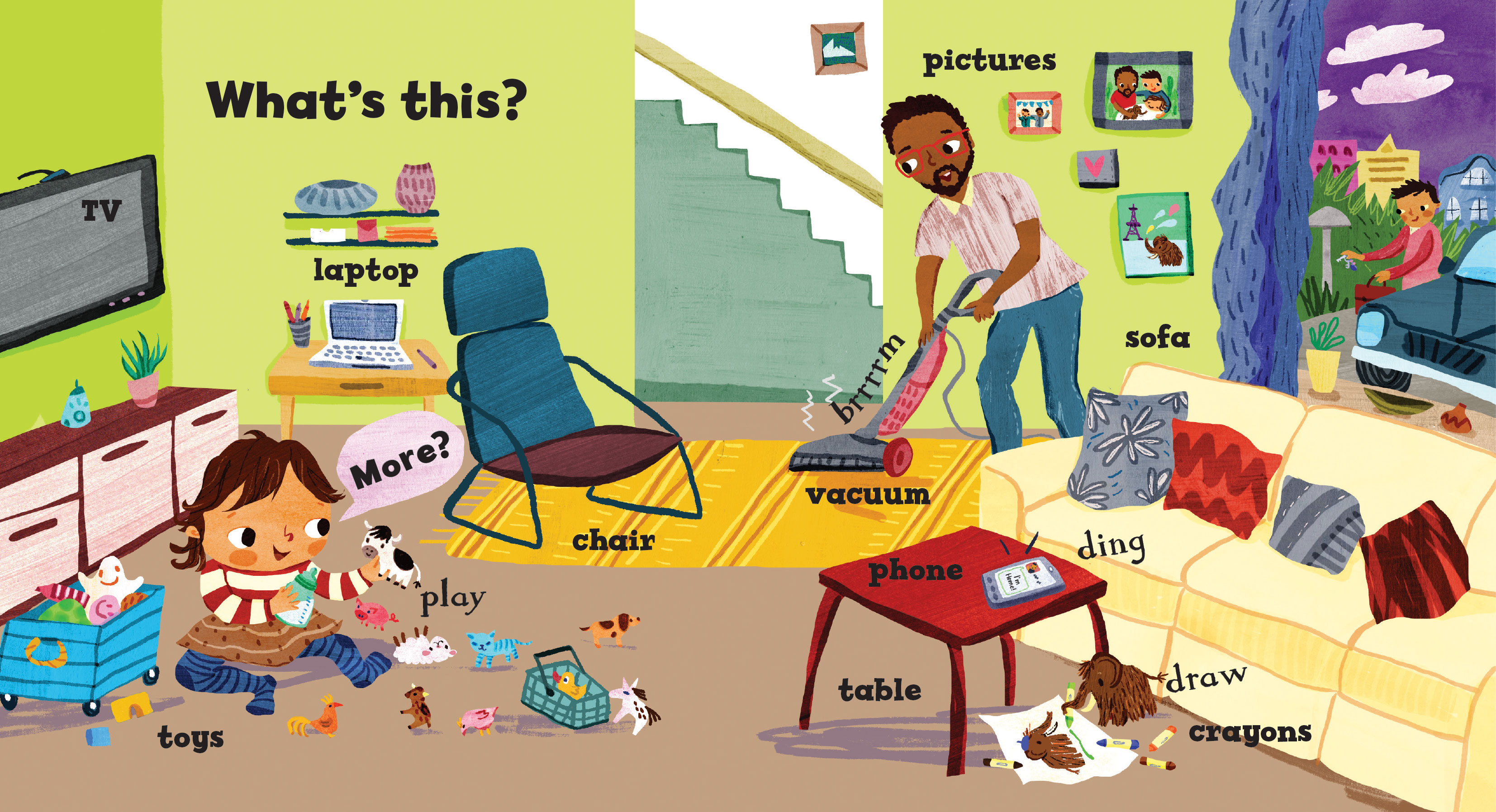 A panel from the book Baby's First words, in which a father cleans his living room while answering his daughter's questions. 