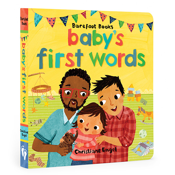 The book Baby's First Words by Christiane Engel. On the cover, two dads hold their daughter.