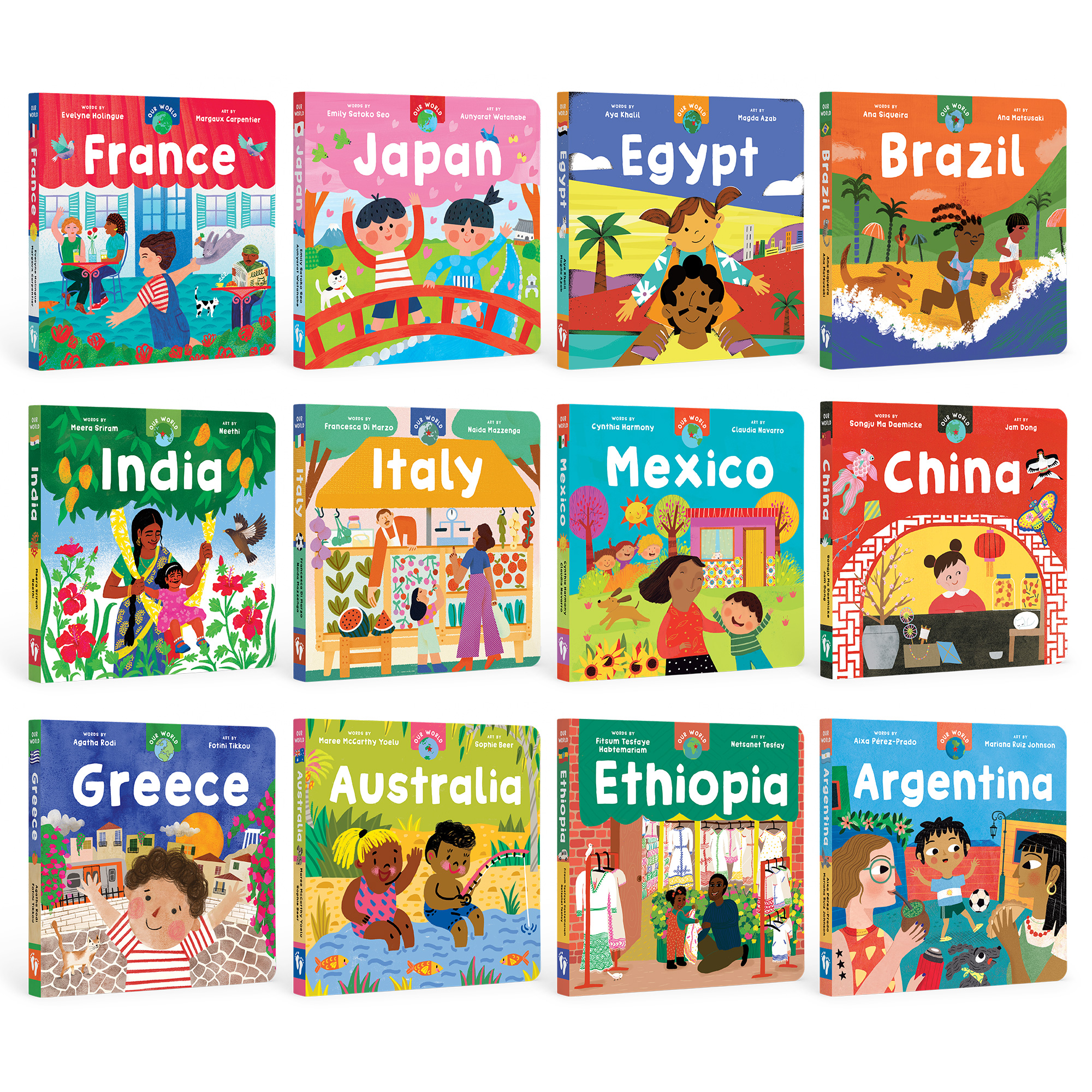 The board books for Barefoot Book's Our World series, including books about France, Japan, Argentina, etc.