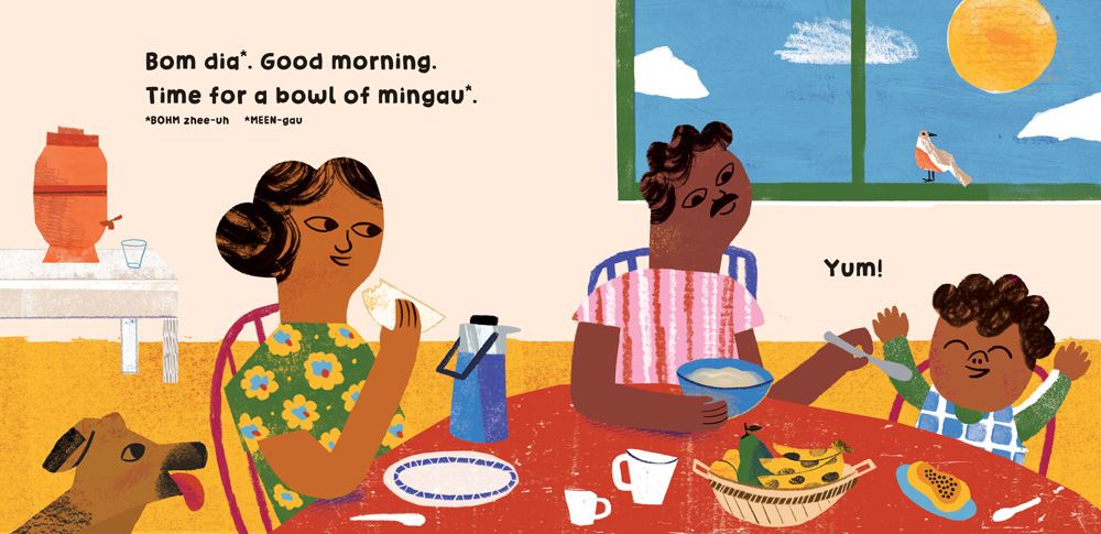 A panel from the Our World book for Brazil, in which a family eats breakfast together.