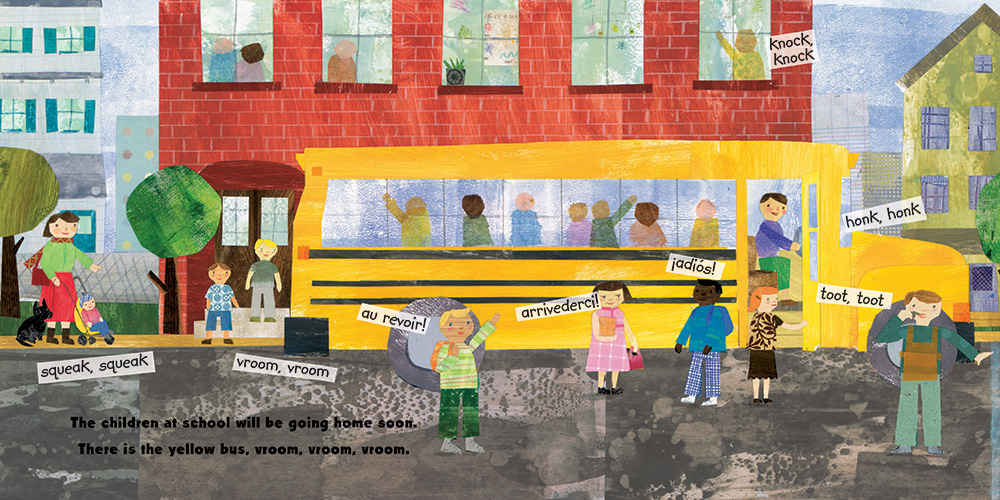 A panel from the book, Sounds Around Town, that depicts children on their way to school.