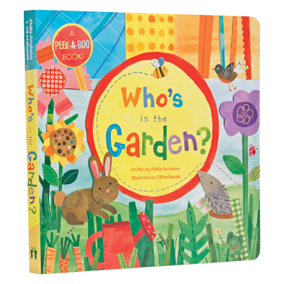 The book, Who's in the Garden, with a patchwork cover. 