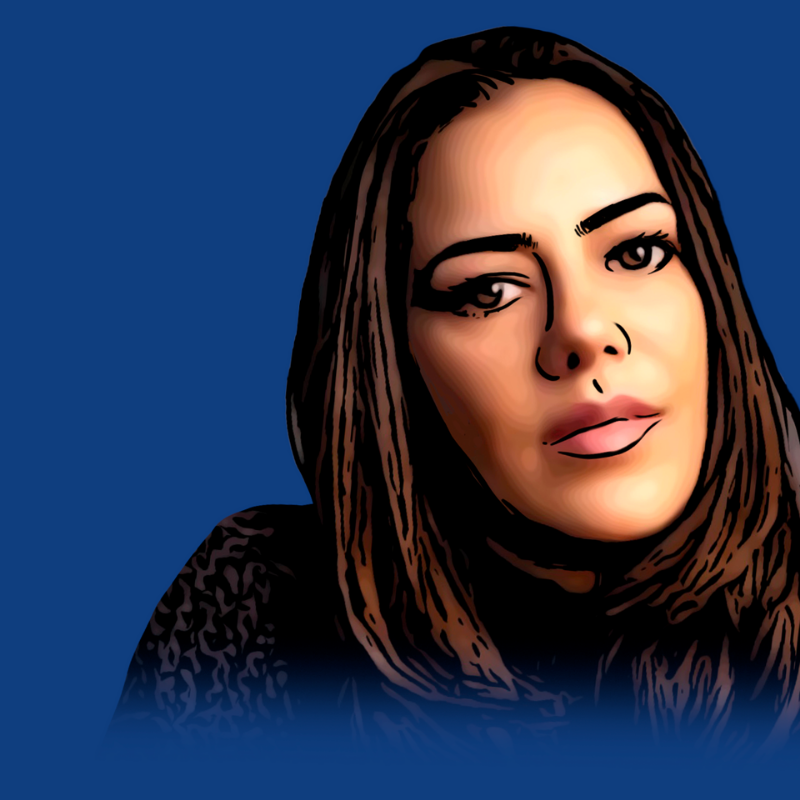 A graphic portratit of the actress, writer, and producer, Sheetal Sheth on a blue background.