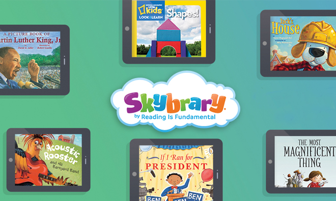 The Skybrary logo in colorful text is at the center, surrounded by tablets featuring different books available on the platform.