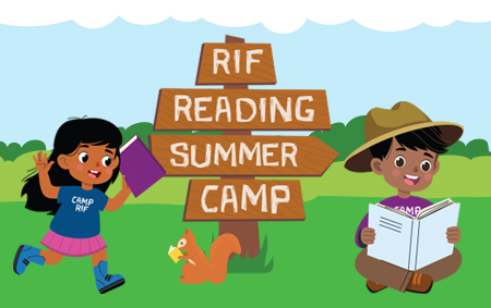 Illustration of kids at camp with books