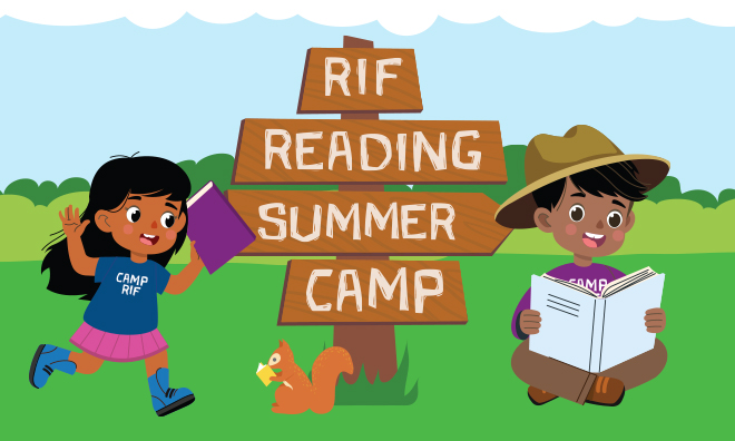 Illustration of kids at camp with books