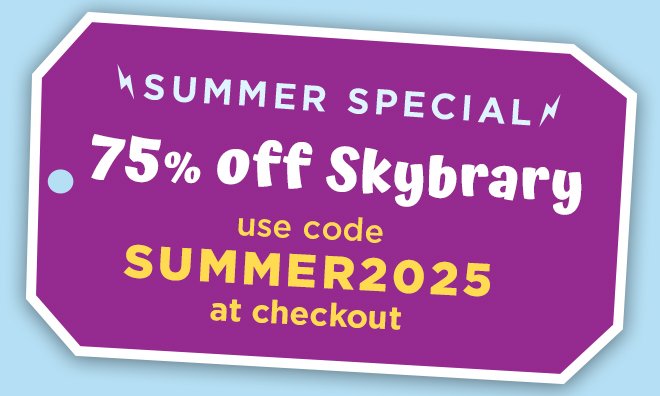 Sale tag graphic with Skybrary sale messages