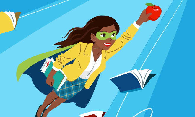 superhero teacher with flying books