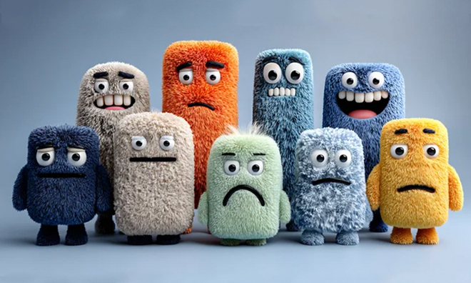 An array of cute monsters with different emotional expressions