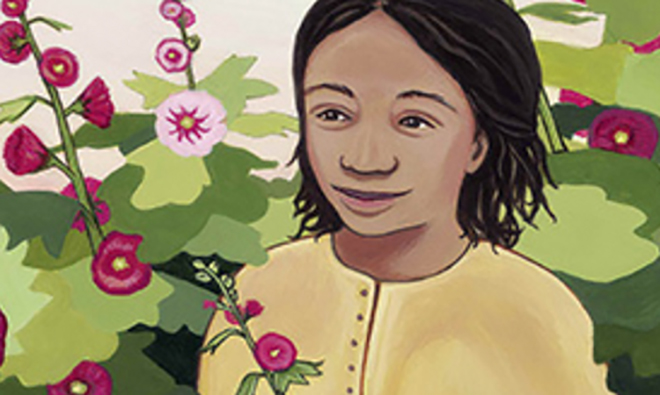 Illustration of smiling girl with flowers