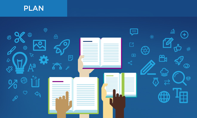 Hands holding books with school icons on the background