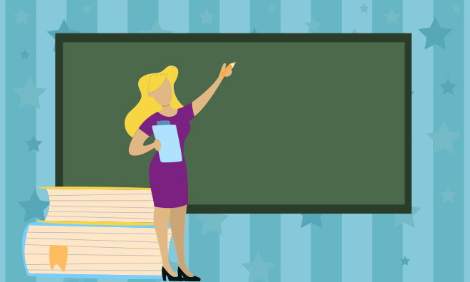 a teacher pointing to a chalkboard