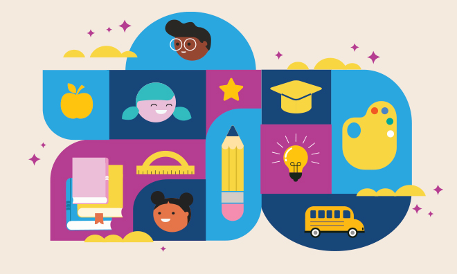 a collection of school-related illustrated icons