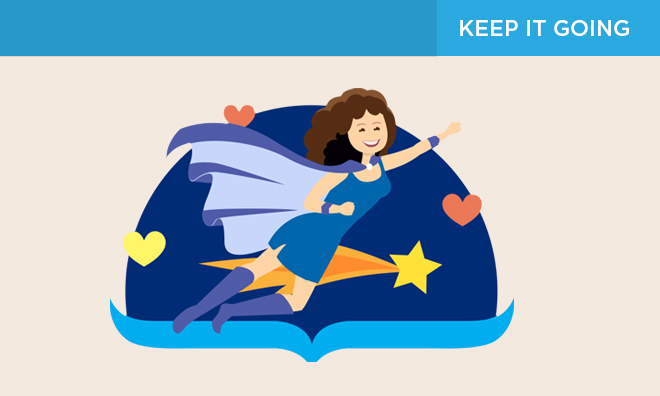 a girl with a cape on flying across a blue background