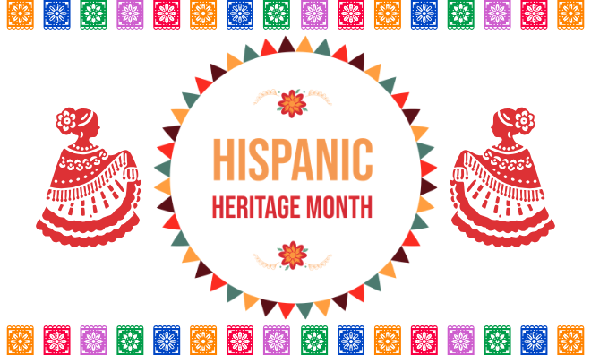 Hispanic Heritage Month graphic with colorful tiles and women in dresses