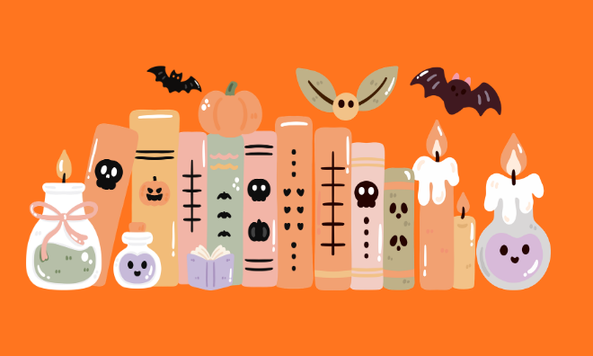 Halloween-themed books with bats and potions