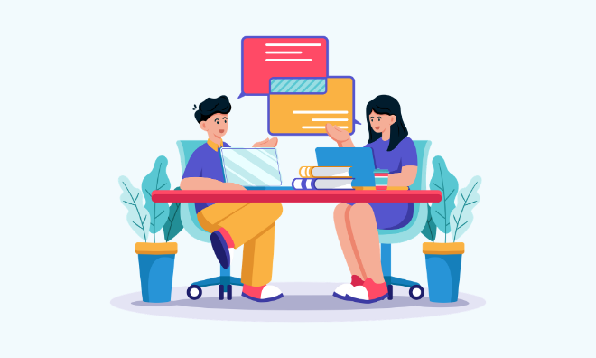two students sitting on a desk with speech bubbles above them