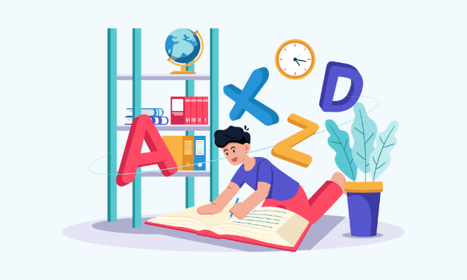 Boy reading a book with letters hovering above him