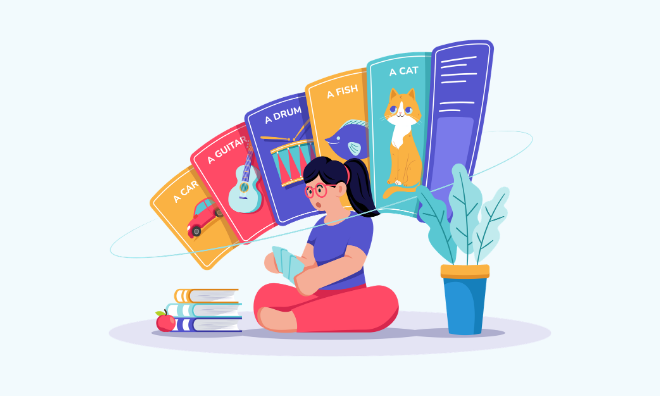 girl reading vocabulary words while sitting on the floor