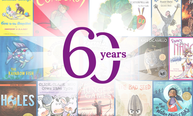 60th Anniversary logo with book covers on the background