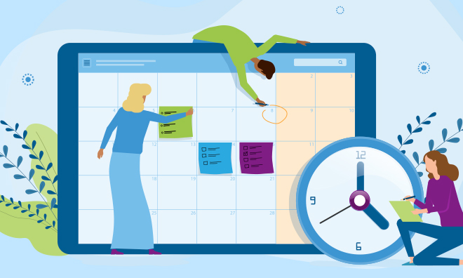 Illustration of two people interacting with a large calendar and clock