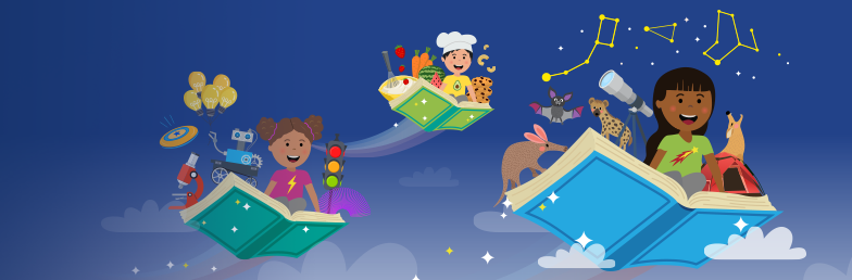 illustration of kids on flying books