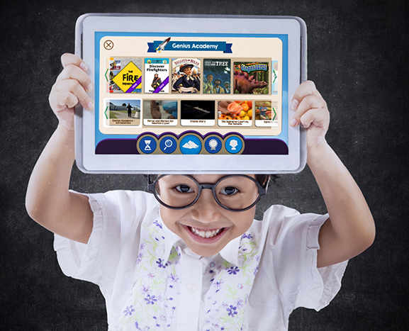 Kid holding up tablet with Skybrary app