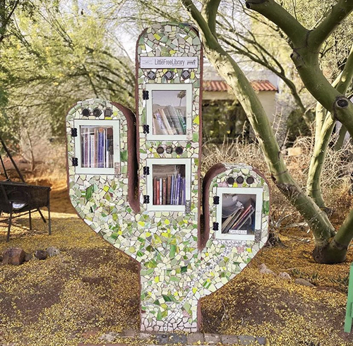 Little Library bookshelf shaped like a cactus