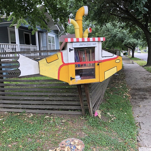 Little Library bookshelf shaped like a submarine