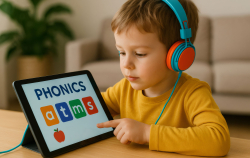 young boy with headphones and ipad learning phonics