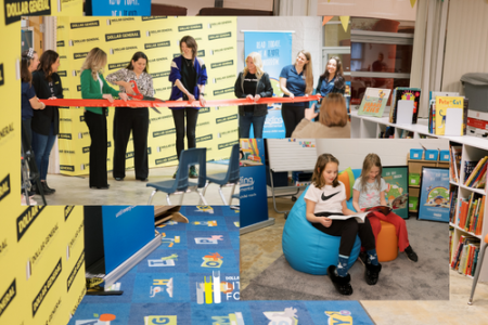 Several people stand in a line before the Red Ribbon as they announce the library's opening. A person holds scissors and cuts the ribbon as part of the ceremony. In the lower right corner, an image shows two children in bean bags reading in their new library.