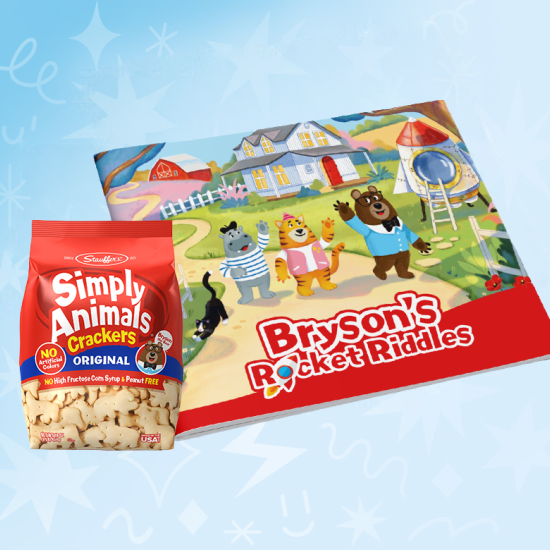 Simply Animals crackers next to Bryson's Rocket Riddles book