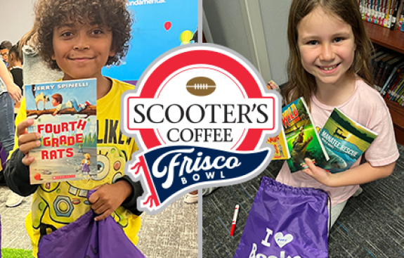 Scooters Frisco bowl logo and 2 kids with books