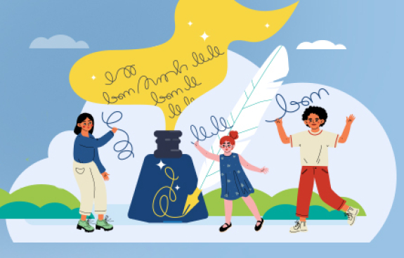 Kids around a ink and feather