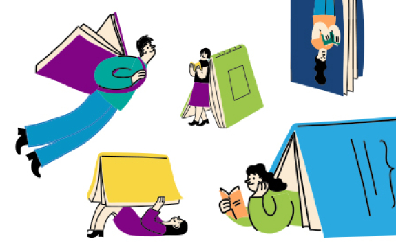 Illustrations of people interacting with books