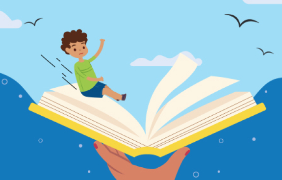 Illustration of a child sliding on a book