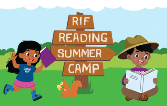 Illustration of kids at camp with books