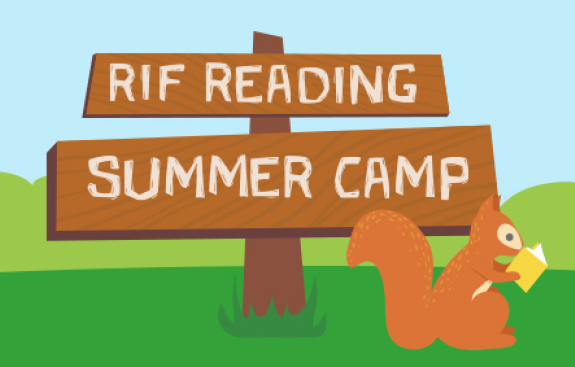 RIF Reading Summer Camp signage and squirrel reading