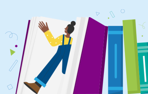 Illustration of a child walking out of a book