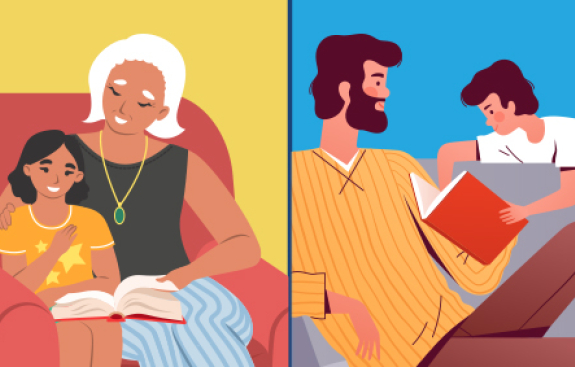 two illustrations of families reading