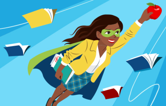 superhero girl with flying books