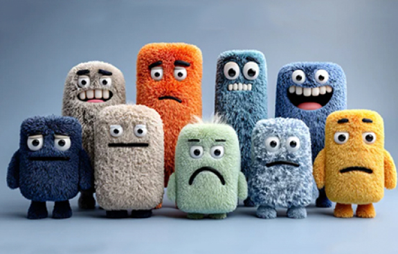 An array of cute monsters with different emotional expressions