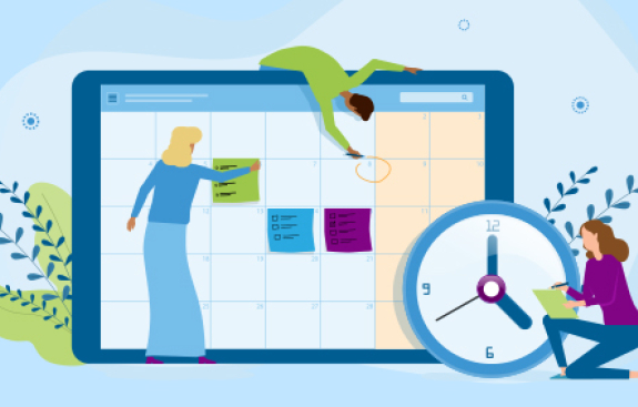 Illustration of small people interacting with a large calendar and a clock