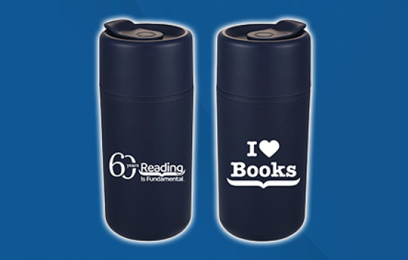 RIF 60th Anniversary tumblers on a blue background